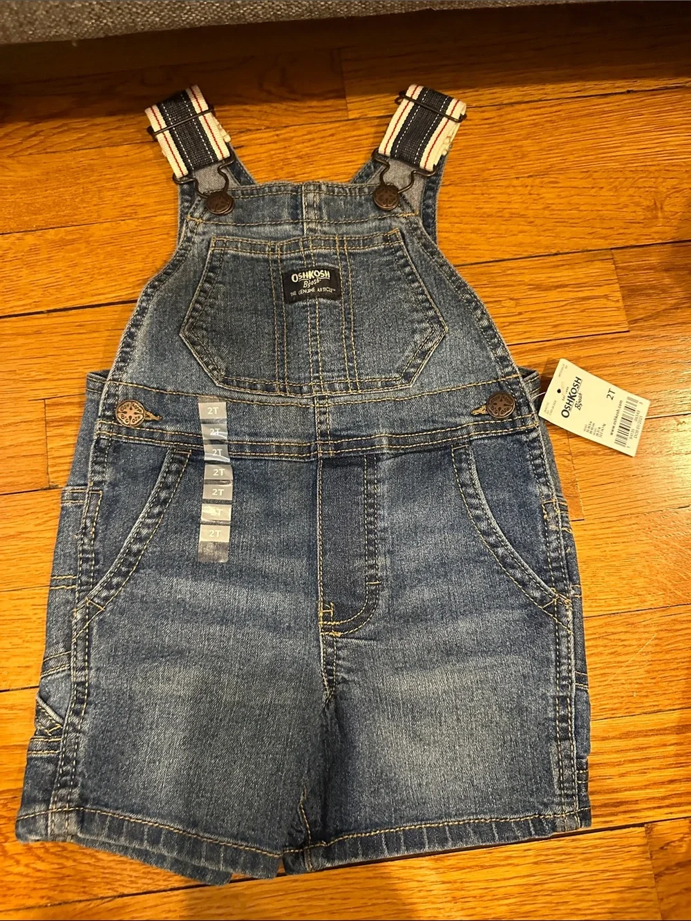 OshKosh B'gosh Blue Denim Shortalls with Striped Black & White Straps